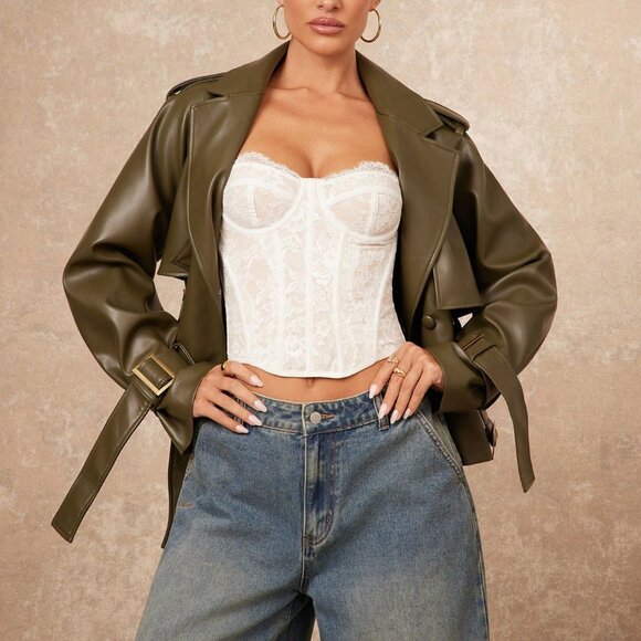 Army Green Casual Women's Long Sleeve faux leather mini Trench Coat - Picture 7 of 7